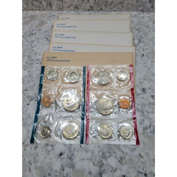 1979 US Mint Set - 12-Coin P&D Uncirculated Lot Of 5-1 Red 1 Blue Each Envelope - Picture 2 of 16